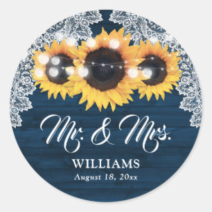 Sticker Rond Mariage Bois Dentelle Tournesol Bleu Marine Rustiq