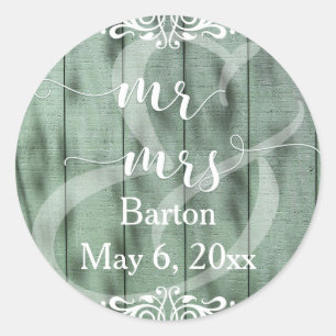 Sticker Rond Mariage Bois Vert Rustique Broderie Blanche