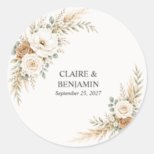 Sticker Rond Mariage Botanique Élégant et Terrien de Pampas