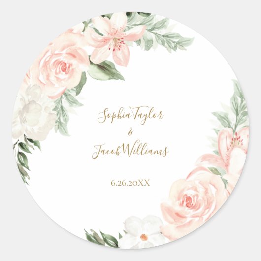 Sticker Rond Mariage botanique floral rose et or (Devant)