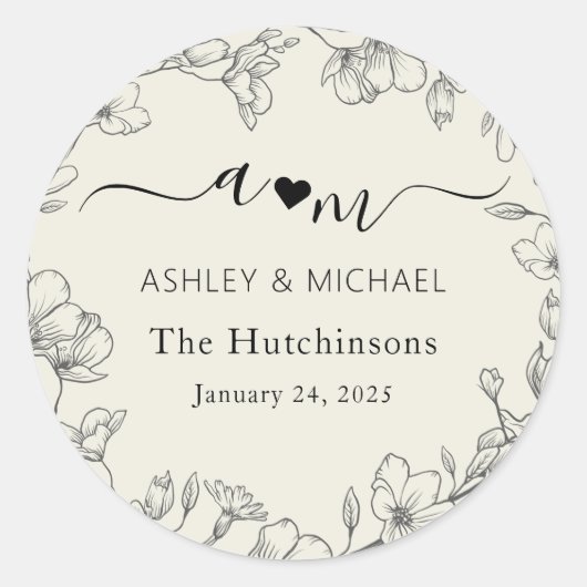 Sticker Rond Mariage botanique moderne monogramme (Devant)