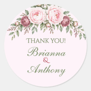 Sticker Rond Mariage botanique romantique rose pivoine rose pou