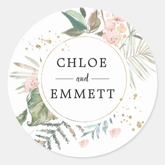Sticker Rond Mariage Botanique Rustique Chic Green Gold Botanic (Devant)