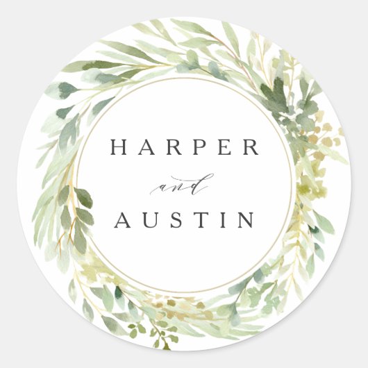 Sticker Rond Mariage botanique vert Foliage Wreath Aquarelle (Devant)