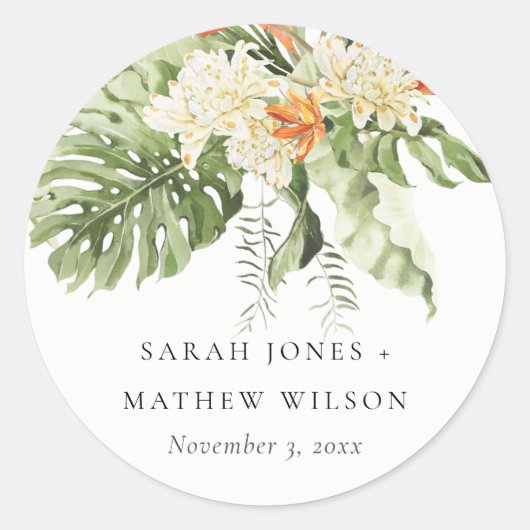 Sticker Rond Mariage botanique vert orange tropical (Devant)