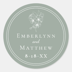 Sticker Rond Mariage Botanique Vert Sauge Élégant Moderne