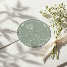 Sticker Rond Mariage Botanique Vert Sauge Élégant Moderne