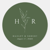 Sticker Rond Mariage botanique vert simple minimal Monogramme (Devant)