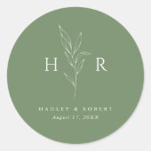 Sticker Rond Mariage botanique vert simple minimal Monogramme (Devant)