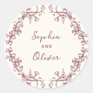 Sticker Rond Mariage Cadre Floral Vintage Rustique Vin