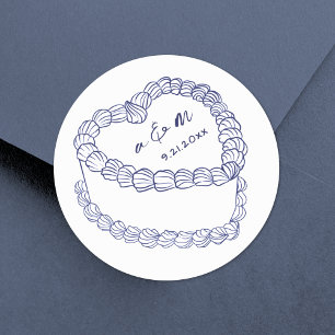 Sticker Rond Mariage Cake Vintage Dessiné à la Main Bleu Marine
