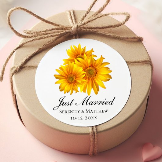 Sticker Rond Mariage campagnard Boho Sunflowers Juste Marié