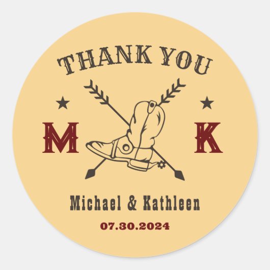 Sticker Rond Mariage campagnard de monogramme des bottes de cow (Devant)