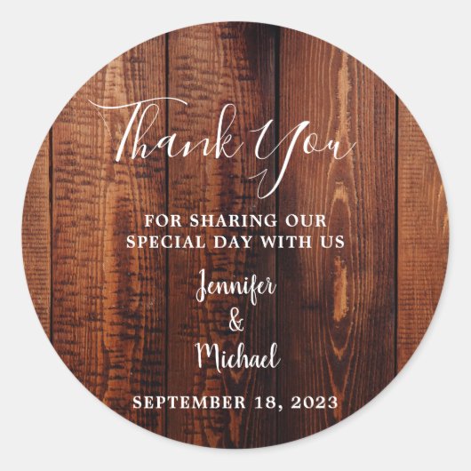 Sticker Rond Mariage campagnard en bois de grange rustique Merc (Devant)