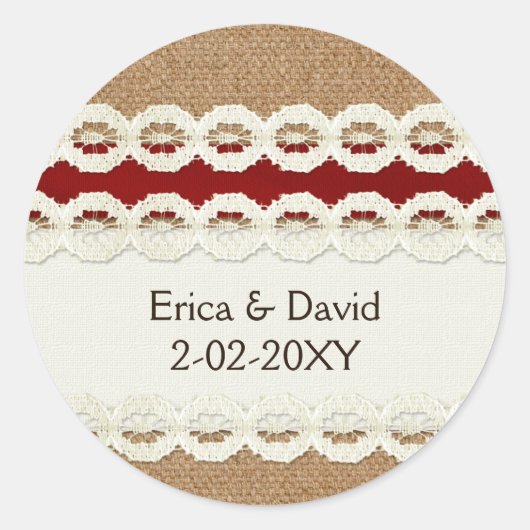 Sticker Rond Mariage campagnard en dentelle rouge rustique (Devant)