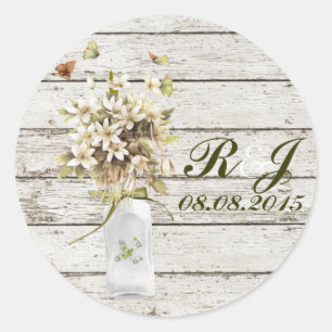 Sticker Rond mariage campagnard fleur sauvage en bois blanc