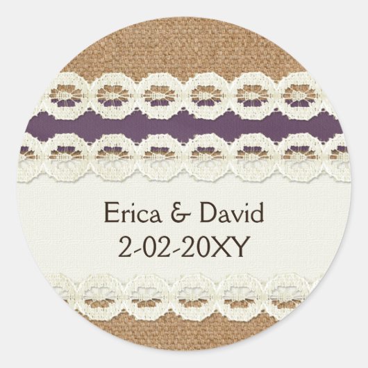 Sticker Rond MARIAGE CAMPAGNARD pourpre pour burlap et dentelle (Devant)