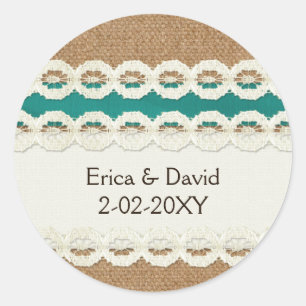 Sticker Rond mariage campagnard turquoise Rustique et dentelle