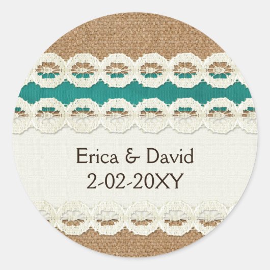 Sticker Rond mariage campagnard turquoise Rustique et dentelle (Devant)