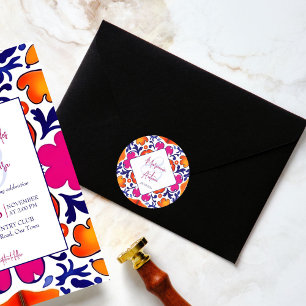 Sticker Rond Mariage carrelage mexicain rose orange