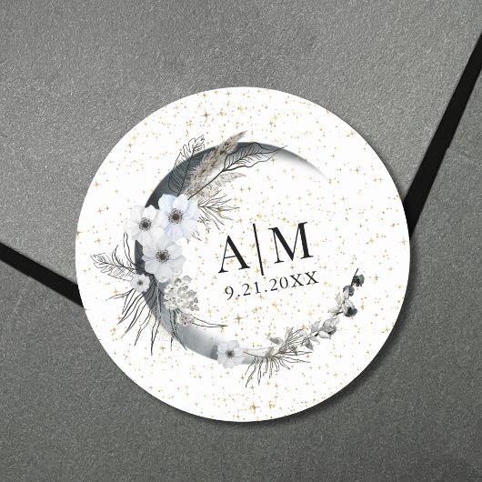 Sticker Rond Mariage Céleste Lune Étoiles