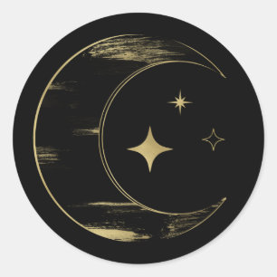 Sticker Rond Mariage Céleste Lune Étoiles Noir & Or