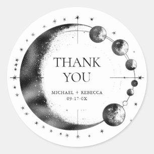 Sticker Rond Mariage céleste noir blanc Lune phase Merci