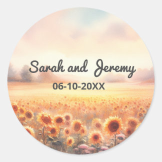 Sticker Rond Mariage champêtre bohème au tournesol aquarelle ru
