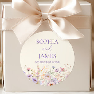 Sticker Rond Mariage Champêtre de Fleurs Sauvages Rose Violet