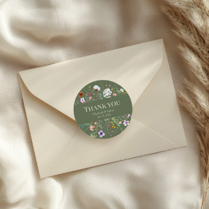 Sticker Rond Mariage Champêtre de Fleurs Sauvages Vert Olive 