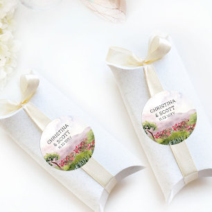 Sticker Rond Mariage Champêtre Fleurs Roses Prairie