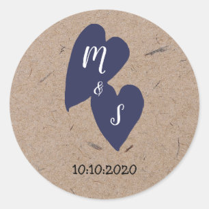 Sticker Rond Mariage Champêtre Monogramme Papier Kraft Cœur N