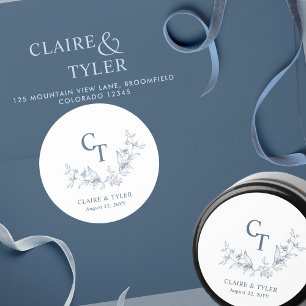 Sticker Rond Mariage Chic Bleu Monogramme Enveloppe Sceau / Fav
