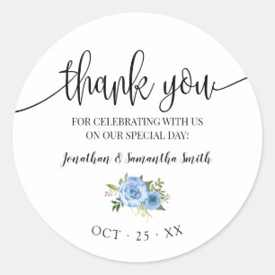 Sticker Rond mariage chic Merci bleu fleuri