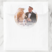 Sticker Rond Mariage chic violet script coeur photo Merci (Sac)