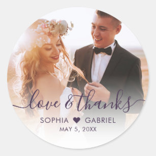 Sticker Rond Mariage chic violet script coeur photo Merci