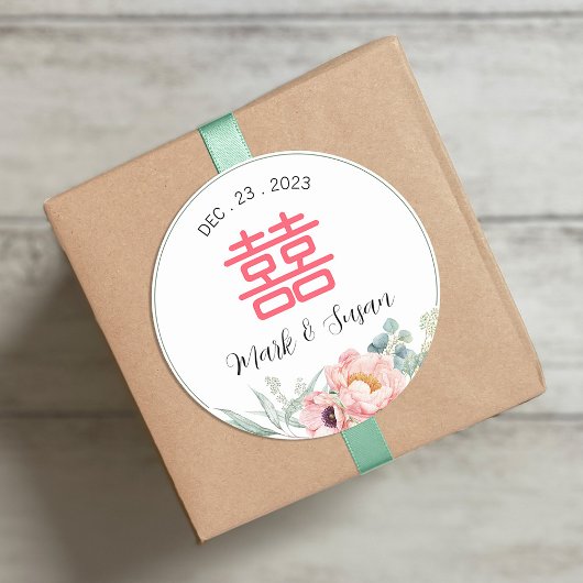 Sticker Rond Mariage chinois Eucalyptus Peonies