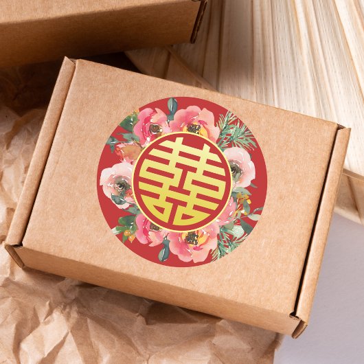 Sticker Rond Mariage chinois moderne rose fleuri