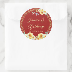 Sticker Rond Mariage chinois oiseaux floraux rouges 