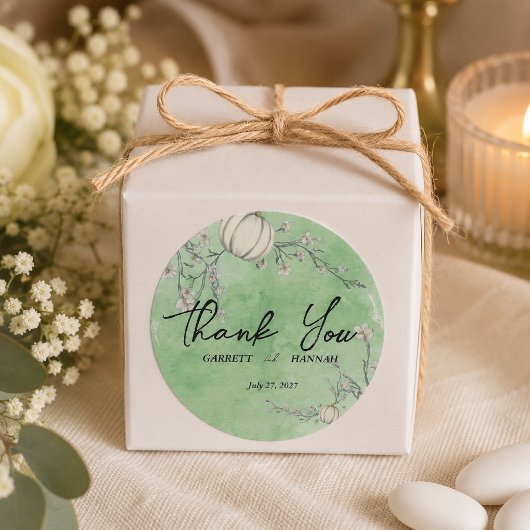 Sticker Rond Mariage Citrouille d'Automne Vert Rustique