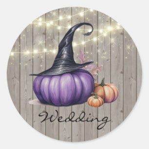 Sticker Rond Mariage Citrouille rustique violet en bois