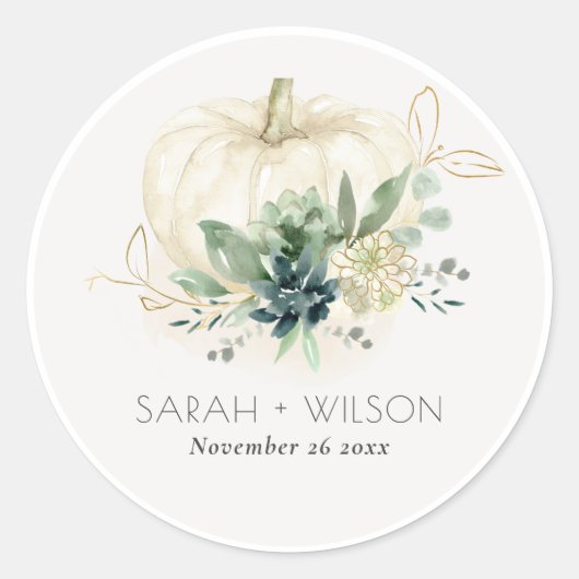 Sticker Rond Mariage Citrouille Succulent de l'or bleu-bleu-gri (Devant)