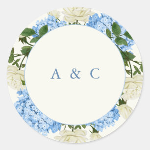 Sticker Rond Mariage classique à monogramme avec Hydrangea Bleu