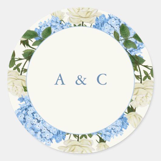 Sticker Rond Mariage classique à monogramme avec Hydrangea Bleu (Devant)