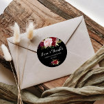 Sticker Rond Mariage classique Tropical Black Love & Merci<br><div class="desc">Cet autocollant classique tropical noir amour & merci mariage classique rond est parfait pour un mariage rustique. Le design artistique bordo marsala présente des roses d'aquarelle,  verts,  roses,  bordeaux et roux assortis de verdure bien disposés dans un bouquet de fleurs gracieux et radieux.</div>