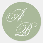 Sticker Rond Mariage Classique Vert Sauge & Blanc Monogramme Sc (Devant)