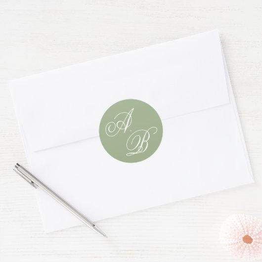 Sticker Rond Mariage Classique Vert Sauge & Blanc Monogramme Sc (Enveloppe)