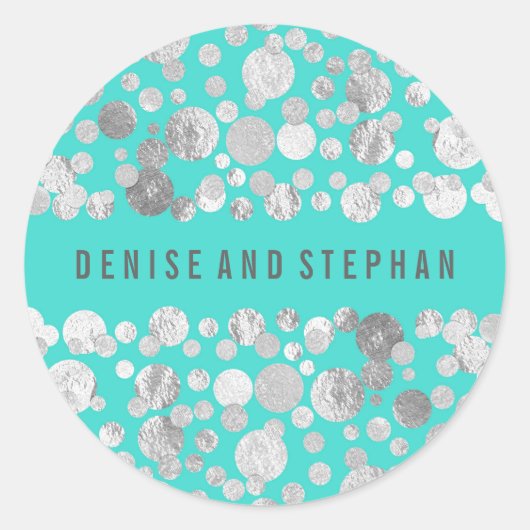 Sticker Rond Mariage Confetti turquoise et Argent (Devant)