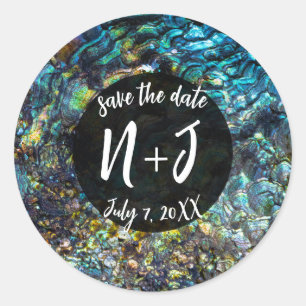 Sticker Rond Mariage Coquille de Mer Abalone Iridescent Arc-en-