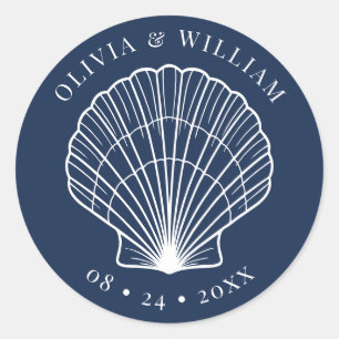 Sticker Rond Mariage côtier de la plage de Blue Seashell